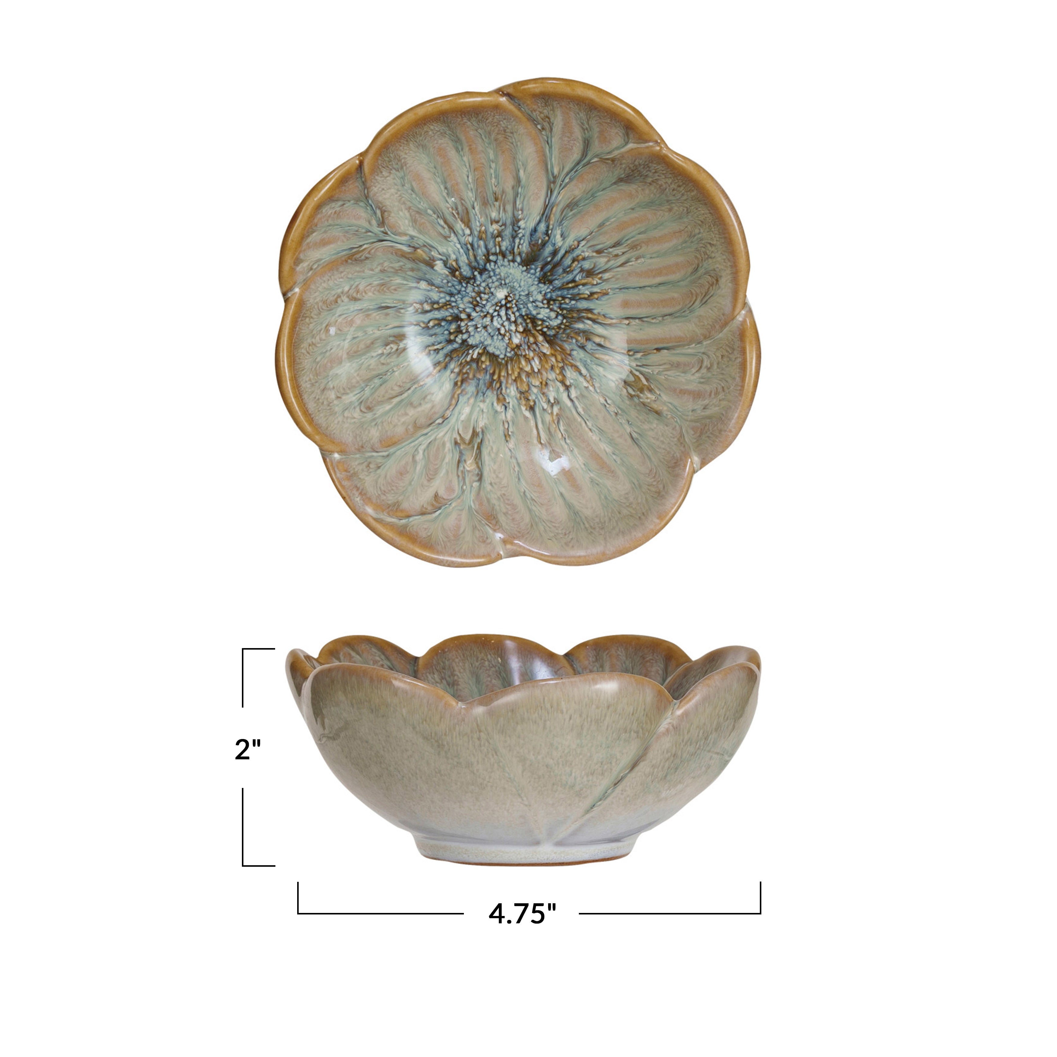 Stoneware bowls with a blue floral pattern and reactive glaze with measurement
